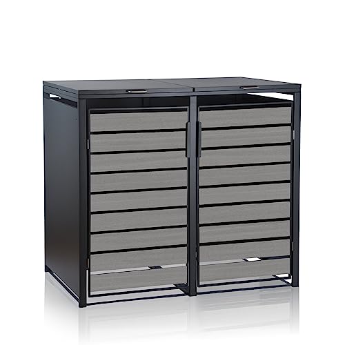 Zelsius Mülltonnenbox 2er Mülltonnen | (B) 132 x (T) 80 x (H) 117 cm | Anthrazit RAL7016 | Tür in hellgrauer Holzoptik mit Erweiterungsmöglichkeit | Mülltonnenverkleidung, Garten Müllbox von Zelsius