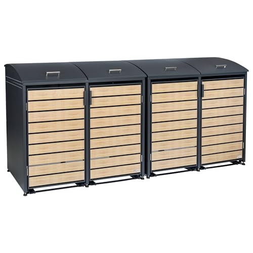 Zelsius Mülltonnenbox 4 Tonnen mit abgerundetem Deckel | 120-240 Liter | Anthrazit RAL7016 | Tür in Holzoptik mit Erweiterungsmöglichkeiten | Mülltonnenbox 4er Aufbewahrungsbox für Mülltonnen von Zelsius