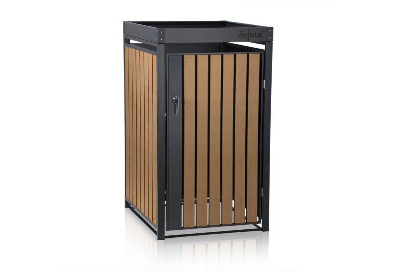 Zelsius Mülltonnenbox mit Pflanzdach für 120 - 240 L Mülltonnen, RAL 7016, Tür Holzoptik von Zelsius