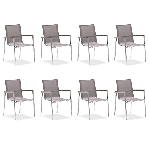 Zelsius 8X Premium Gartenstuhl aus Edelstahl mit Teak Holz Armlehne | 55 x 56 x 88 cm | Taupe | Balkonstuhl für Garten und Terrasse | stapelbar und wetterfest | Terrassenstuhl | 8 Balkonstühle Set von Zelsius