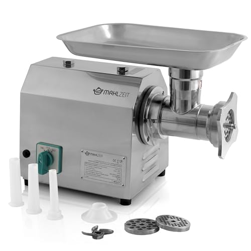 Mahlzeit Profi Edelstahl Fleischwolf elektrisch | 750W - 150kg/h | Faschiermaschine aus Edelstahl, Wurstmaschine in Gastro Qualität | Fleischmaschine mit Wurstfüller, Sausage Maker von Mahlzeit