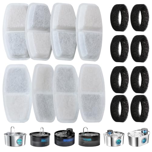 Zemiu Katzenwasserbrunnen 16 PCS und 8 Kohlefilter + 8 Schwämme, Katzenwasserbrunnenfilter mit dreifacher Filtration, Katzenwasserspenderfilter erfüllt 4-7 Monate Ersatzbedarf, kein Kunststoff von Zemiu