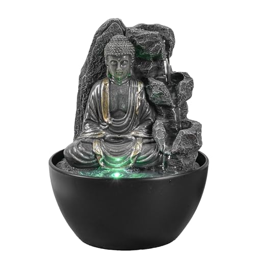 Entspannender Buddha Zimmerbrunnen – Wasserfall – Dekoration Zen Feng Shui Glücksbringer – Geschenkidee Clever und nützlicher Kleiner Preis – Tischbrunnen mit LED-Licht – H 18 cm – Revata Zen'Light von Zen Light