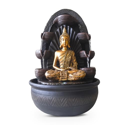 Innenbrunnen Wasserwand Kaskade Buddha Statue Abnehmbares farbenfrohes LED-Licht, Lucky Fountain mit geschlossenem Stromkreis, H 40 cm-Chakra Zen'light von Zen Light