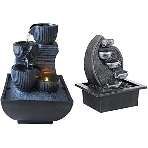 Zen Light Kini Zimmerbrunnen mit Pumpe und LED-Beleuchtung, Kunstharz, Einheitsgröße & Cascade-V2 Wasserfallbrunnen Polyresin grau/schwarz 17 x 21 x 26 cm von Zen Light