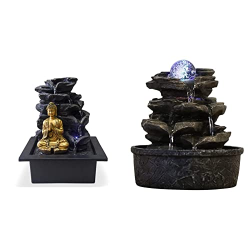 Zen Light Shira Zimmerbrunnen mit Pumpe und LED-Beleuchtung, Kunstharz, Schwarz, Einheitsgröße & Little Rock Brunnen aus Polyresin, Dunkelbraun, 20 x 20 x 23 cm von Zen Light