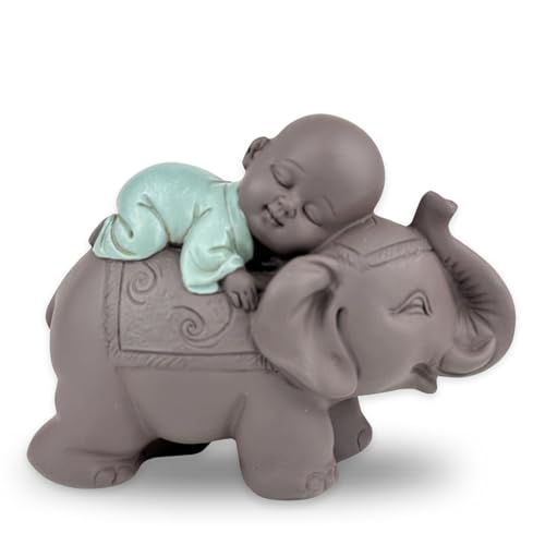 Zen'Light Statue Buddha Bonze Schlafend auf Elefant - Zen-Atmosphäre in Ihrem heiligen Raum - wunderschöne glücksbringende Figur -H 9.5 cm, Braun & Grün von Zen Light