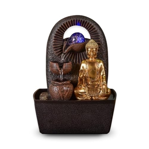Zen'Light - Zimmerbrunnen Buddha Bhava - Zen-Dekor, Ideal für Meditation & Entspannung - Tischbrunnen mit geschlossenem Kreislauf - Farbwechselnde LED-Beleuchtung, Wasser fließt auf 3 Ebenen - H26cm von Zen Light