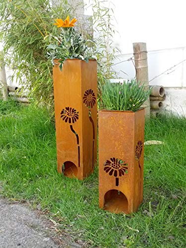 Zen Man Garten Pflanzschale aus Metall Edelrost Ständer Übertopf Metall Gartendeko Rost Kerzenleuchter H60 und H40cm (031327-1:14 * 14 * 40cm) von Zen Man