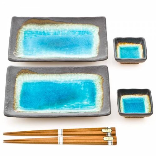 Blau Crackleglaze Japanischer Keramikplattensatz Für Sushi Und Andere Küche - Türkis Glasur - Enthält Soja Und Wasabi-Sauce Teller Und Stäbchen Im Geschenkkarton von Zen Minded