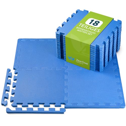 ZenOne Sports Bodenschutzmatte [30x30x1cm] I 18x Fitness Matte für Home Gym, Fitnessgerät, Workout I Fitnessboden Sportboden Sportmatten Bodenmatten I Unterlegmatte Fitnessgerät Gymnastikmatten (Blau) von ZenOne Sports