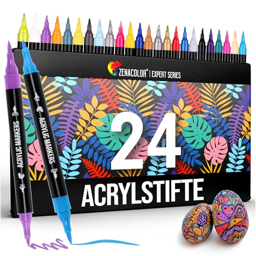Zenacolor 24 Acrylstifte für Steine wasserfest mit Doppelspitze (feine Spitze und Pinsel) - Acrylstifte verschiedene Oberflächen - Multimarker Acryl von Zenacolor