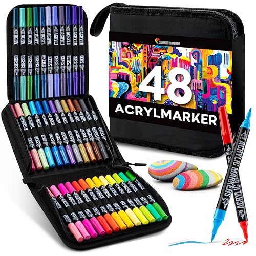 Zenacolor 48 Acrylstifte für Steine wasserfest mit Doppelspitze (feine Spitze und Pinsel) - Acrylstifte verschiedene Oberflächen - Multimarker Acryl mit einer Tasche von Zenacolor