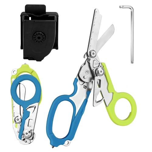 Rettungsschere Trauma Schere 6 in 1 Faltbar Trauma Schere Notfallschere Verbandsschere Mit K-Schutzhülle, Schraubenschlüssel für Professionelle Rettungsdienste, Outdoor Camping (Blau und grün) von Zengjunwei