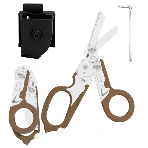 Rettungsschere Trauma Schere 6 in 1 Faltbar Trauma Schere Notfallschere Verbandsschere Mit K-Schutzhülle, Schraubenschlüssel für Professionelle Rettungsdienste, Outdoor Camping (Braun) von Zengjunwei
