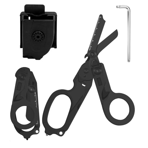 Rettungsschere Trauma Schere 6 in 1 Faltbar Trauma Schere Notfallschere Verbandsschere Mit K-Schutzhülle, Schraubenschlüssel für Professionelle Rettungsdienste, Outdoor Camping (Reines Schwarz) von Zengjunwei