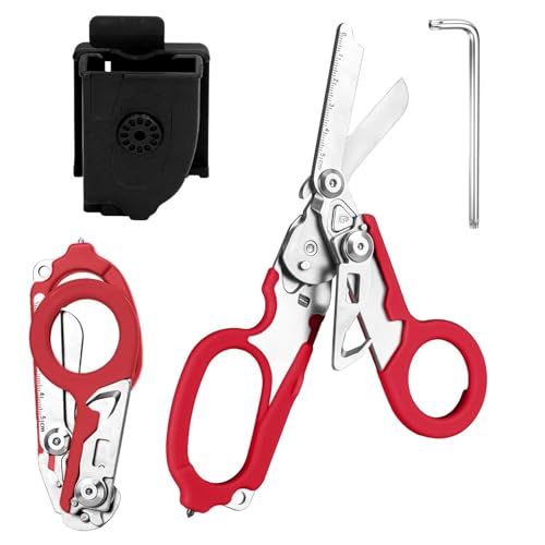 Rettungsschere Trauma Schere 6 in 1 Faltbar Trauma Schere Notfallschere Verbandsschere Mit K-Schutzhülle, Schraubenschlüssel für Professionelle Rettungsdienste, Outdoor Camping (Rot) von Zengjunwei