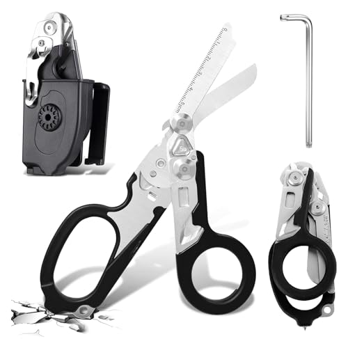 Rettungsschere Trauma Schere 6 in 1 Faltbar Trauma Schere Notfallschere Verbandsschere Mit K-Schutzhülle, Schraubenschlüssel für Professionelle Rettungsdienste, Outdoor Camping (Schwarz) von Zengjunwei