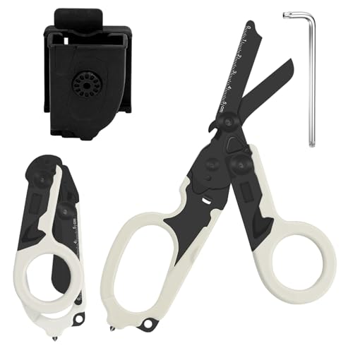 Rettungsschere Trauma Schere 6 in 1 Faltbar Trauma Schere Notfallschere Verbandsschere Mit K-Schutzhülle, Schraubenschlüssel für Professionelle Rettungsdienste, Outdoor Camping (Schwarz und Weiß) von Zengjunwei