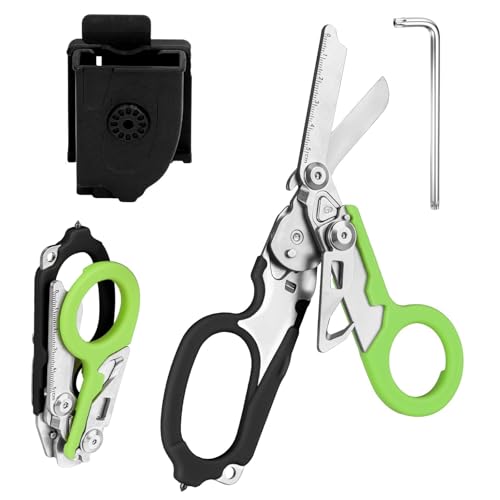 Rettungsschere Trauma Schere 6 in 1 Faltbar Trauma Schere Notfallschere Verbandsschere Mit K-Schutzhülle, Schraubenschlüssel für Professionelle Rettungsdienste, Outdoor Camping (Schwarz und grün) von Zengjunwei