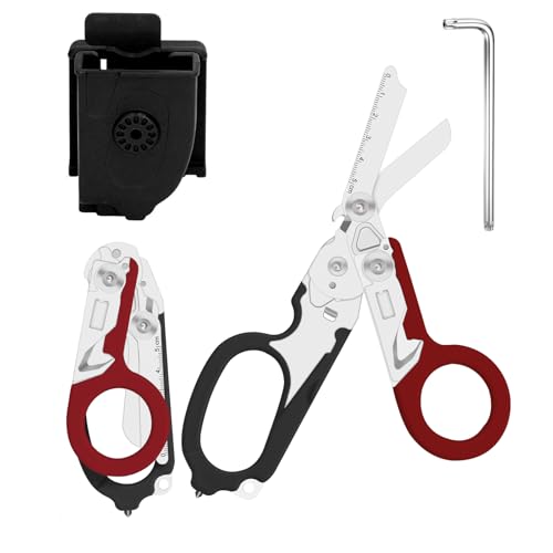 Rettungsschere Trauma Schere 6 in 1 Faltbar Trauma Schere Notfallschere Verbandsschere Mit K-Schutzhülle, Schraubenschlüssel für Professionelle Rettungsdienste, Outdoor Camping (Schwarz und rot) von Zengjunwei