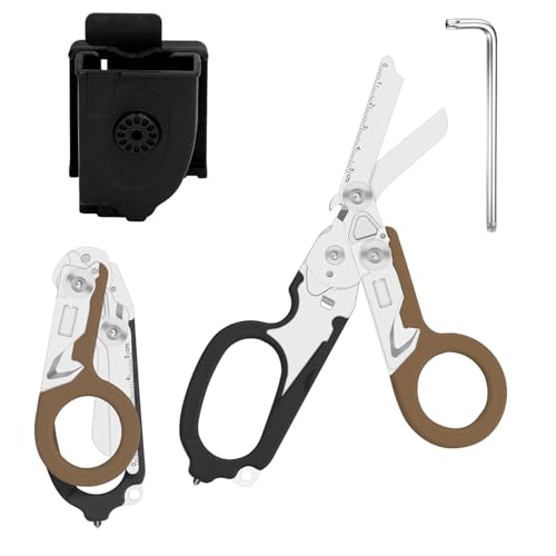 Rettungsschere Trauma Schere 6 in 1 Faltbar Trauma Schere Notfallschere Verbandsschere Mit K-Schutzhülle, Schraubenschlüssel für Professionelle Rettungsdienste, Outdoor Camping (Schwarzbraun) von Zengjunwei