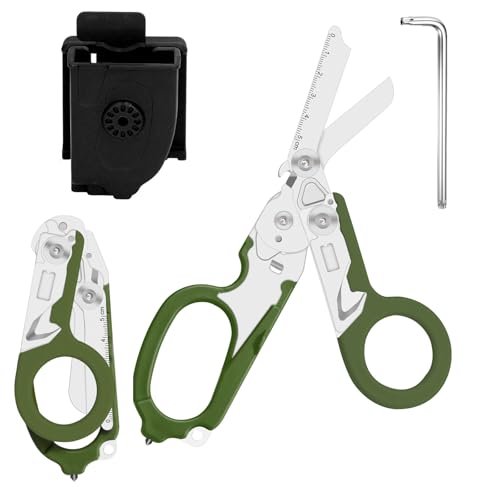 Rettungsschere Trauma Schere 6 in 1 Faltbar Trauma Schere Notfallschere Verbandsschere Mit K-Schutzhülle, Schraubenschlüssel für Professionelle Rettungsdienste, Outdoor Camping (Tinte grün) von Zengjunwei