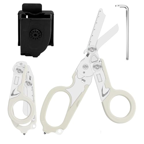Rettungsschere Trauma Schere 6 in 1 Faltbar Trauma Schere Notfallschere Verbandsschere Mit K-Schutzhülle, Schraubenschlüssel für Professionelle Rettungsdienste, Outdoor Camping (Weiß) von Zengjunwei