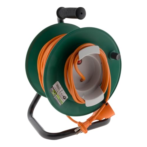 Zenitech – Kabeltrommel ohne Steckdose – 2×1,5mm² – 25 m – Metallfuß mit Überlastschutz – Grün/Orange von Zenitech