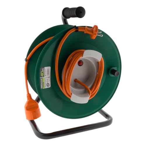 Zenitech – Kabeltrommel ohne Steckdose – 2×1,5mm² – 40 m – Metallfuß mit Überlastschutz – Grün/Orange von Zenitech