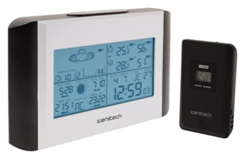 Zenitech - Innenwetterstation Mit Drahtlosem Außensensor - 24-Stunden-Prognose, Temperatur Und Luftfeuchtigkeit, Mondphasen, Beleuchtetes Display - Grau von Zenitech