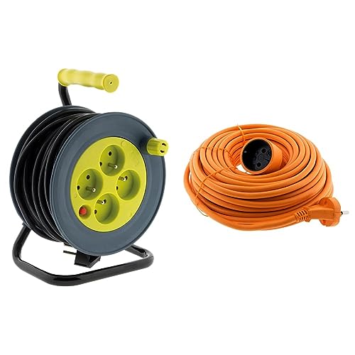 Zenitech - Kabeltrommel mit 4 Steckdosen - 15 m (3G1 mm²) Schwarz & Prolongateur 16A HO5VV-F 2x1.5 Orange 20m von Zenitech