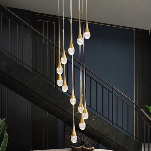 Led-Dimmbarer Kronleuchter,Goldener Regentropfen Kristall Lampe,280 Cm HöHenverstellbarer Wohnzimmer Pendelleuchte, Kronleuchter FüR Foyer,Eingang,Villa Treppenhaus,12 Lichter Pendellampe,60W von ZenithBeam