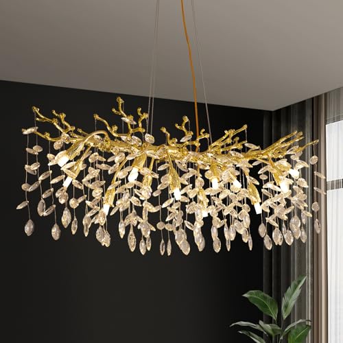 Moderne Kristall Esszimmerlampe HäNgend,Luxury Gold Kronleuchte Aus K9 Kristall Aluminium Baumzweigen,Lang 10-Light Kronleuchter FüR Wohnzimmer,Schlafzimmer,Hohe Decke L100Cm von ZenithBeam