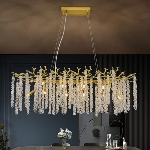 Moderne Kristall HäNgelampe Wohnzimmer,Luxury Gold Pendelleuchte Aus K9 Kristall Aluminium Baumzweigen,Rund 8-Light Kronleuchter Leuchte FüR Esszimmer,Schlafzimmer,Hohe Decke von ZenithBeam