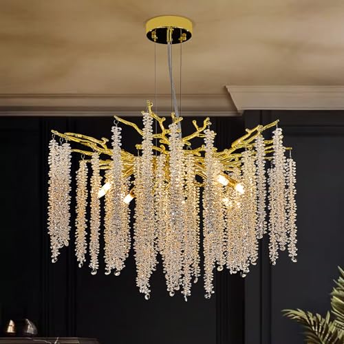 Moderne Kristall HäNgelampe Wohnzimmer,Luxury Gold Pendelleuchte Aus K9 Kristall Aluminium Baumzweigen,Rund 8-Light Kronleuchter Leuchte FüR Esszimmer,Schlafzimmer,Hohe Decke von ZenithBeam