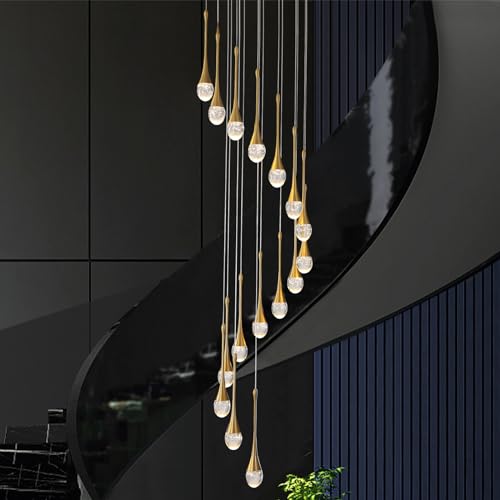 Pendelleuchte 310Cm Lange Regentropfen Kristall Kronleuchter,16 Lichter Dimmbar LED Gold Treppen-Kronleuchter,Lampen für Dekoratives Villa Decken,Foyer,Treppenhaus,Wohnzimmer,Loft-Deckenleuchten,80W von ZenithBeam