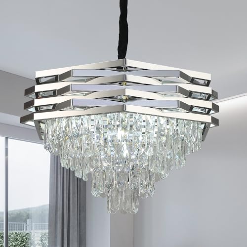 ZenithBeam Kristall Pendelleuchte Moderner Chrom,60cm GroßEr Pendelleuchten K9 5-Stufig Rund Unterputz-Kronleuchter FüR Wohnzimmer KüChe, Schlafzimmer, Flur, Esszimmer von ZenithBeam