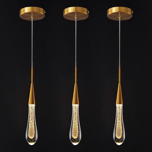 ZenithBeam Küchenleuchten, Deckenleuchte, dimmbar, moderne goldene LED-Pendelleuchte, Mini-Tropfen-Kristall-Pendelleuchte für Kücheninsel, Schlafzimmer, Flur, Eingangsbereich (3er-Pack) von ZenithBeam