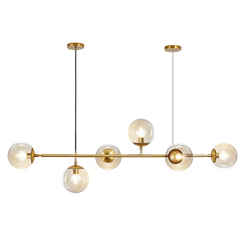 ZenithBeam Lighting Mid-Century Modern Rechteck-Kronleuchter, 6-Licht-Glaskugel-Linear-Kronleuchter, Hängeleuchte, goldener Sputnik-Kronleuchter, verstellbare Kücheninsel-Beleuchtung von ZenithBeam