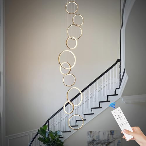 ZenithBeam Modern LED Treppenhaus Pendelleuchte, Dimmbar Villa Kronleuchter Treppe Hängeleuchte Gold 10 Rings Hängelampe aus Metall Höhenverstellbar mit Fernbedienung für Villa Hotel Hall Wohnzimmer von ZenithBeam