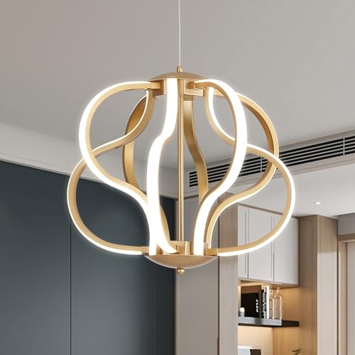 ZenithBeam Moderne LED Pendelleuchte, Gold Lampe Wohnzimmer Mit Fernbedienung, Dimmbare Kunstdekor Lampe 40 W, 8 Lichter Linie HäNgelampe FüR Wohnzimmer, KüChe, Schlafzimmer, Flur, Esszimmer von ZenithBeam