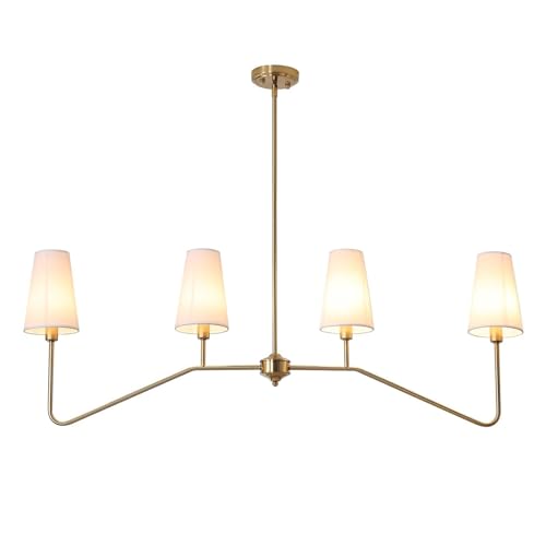 ZenithBeam Pendelleuchte Esstisch, 120Cm HäNgelampe 4-Licht Classic Linear Pendelleuchte Gold Golden Mit WeißEm Leinen Lampenschirm Lampen E14 HäNgeleuchte FüR Schlafzimmer KüChe, 160W von ZenithBeam
