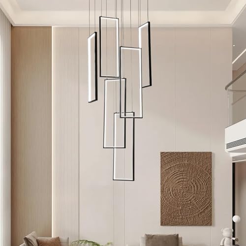 ZenithBeam Treppenhaus Kronleuchter Modern,300Cm Hoch Schwarz Led Pendelleuchte,6 Rechteckige Dimmbar Dekoratives Hängeleuchte FüR Villa Treppe Esszimmer Wohnzimmer,Hohe Decken Pendellampe LüSter von ZenithBeam