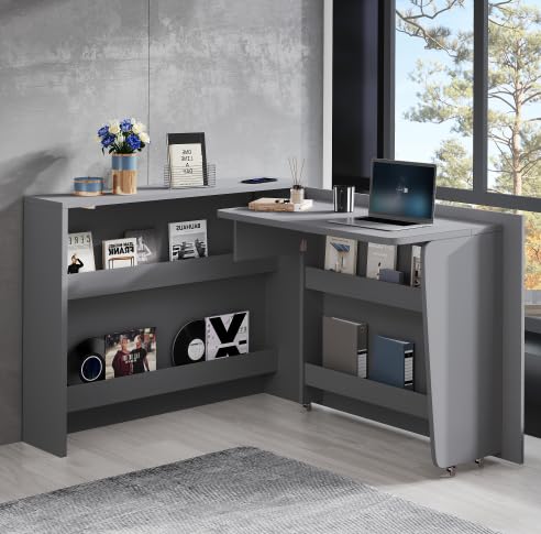 Faltbarer Schreibtisch | 2-in-1 Arbeitsplatz & Sideboard mit Rollen,Regal undKippsicherung | Platzsparend und im Homeoffice von Zenithpath