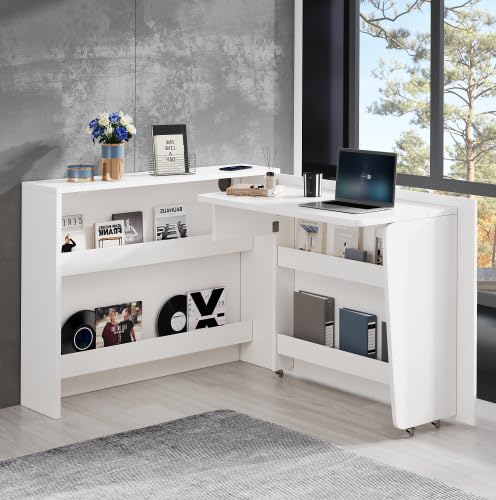 Faltbarer Schreibtisch | 2-in-1 Arbeitsplatz & Sideboard mit Rollen,Regal undKippsicherung | Platzsparend und im Homeoffice von Zenithpath