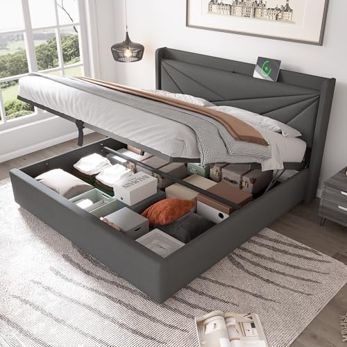 Zenithpath Bett 180x200cm, Polsterbett Boxspringbett mit Stauraum aus Leinen, Hydraulisch Bett mit Lattenrost, Doppelbett Bettgestell ohne Matratze(Grau) von Zenithpath