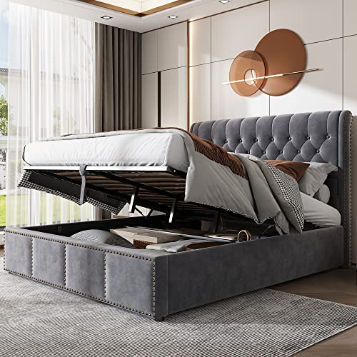 Zenithpath Doppelbett Bett 140x200 mit lattenrost, Polsterbett mit Stauraum Hydraulikbett mit Stabile und Robust Kopfteil Funktionsbett/Doppelbett Samt Stoff, ohne Matratze von Zenithpath