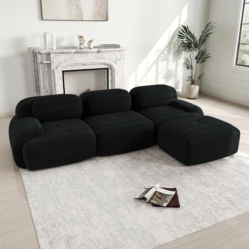 Zenithpath Ecksofa L Form 4 Seater Sofa mit Schlaffunktion, Big Sofa 298x178cm,Tiefer Sitzer, mit 3 Kissen, Schlafsofa Cordoptik, Eckcouch Keine Montage Erfordlich (Schwarz) von Zenithpath