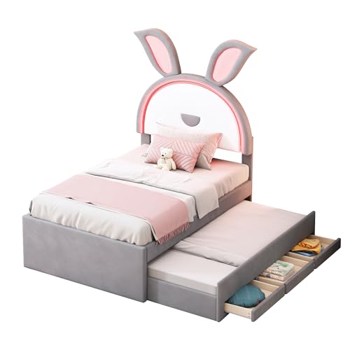 Zenithpath Kinderbett Polsterbett,Samtstoff Multifunktionales gepolstertes Einzelbett-Schlafsofa mit ausziehbarem Bett, Stauraumschublade und farbwechselndem, Beige/Grau/Rosa, 90 x 200 cm (Grau) von Zenithpath